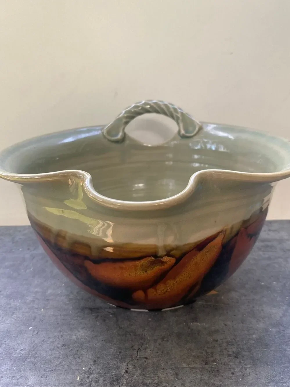 Clouds Folsom Studio Art Pottery Bowl Drip Glaze Sage Brown Rustic Cottage